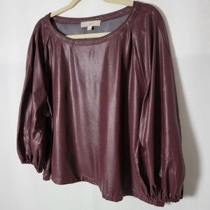 LOFT Petite Burgundy Faux Leather Draped Elastic Sleeve Boxy Work Blouse Top XLP
